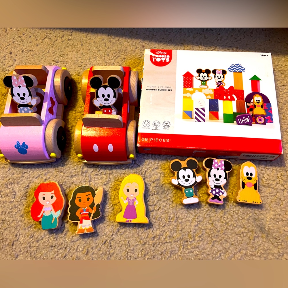 Disney Mickey and Minnie wooden black set and vehicles.